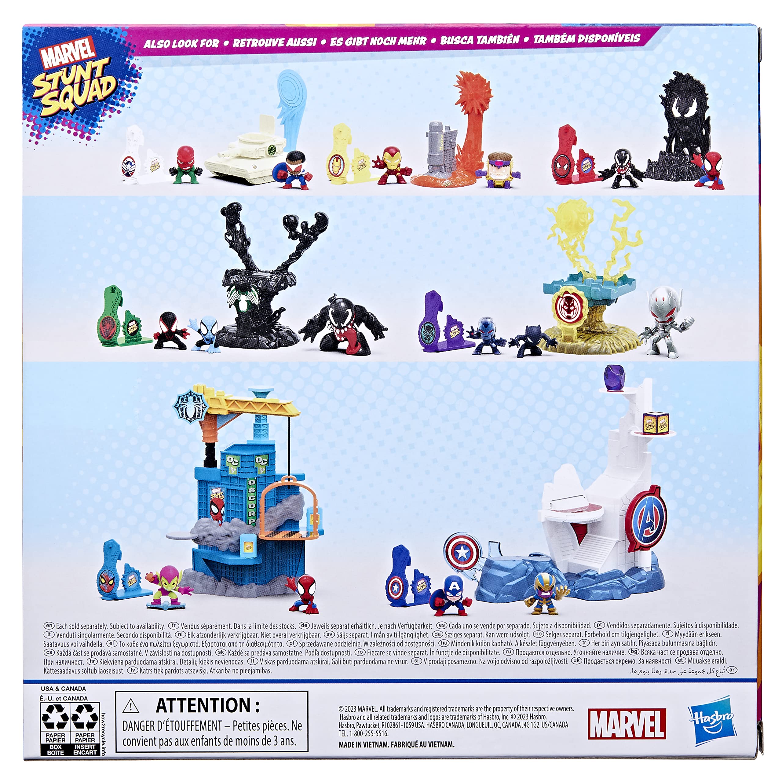 Gift-ready Marvel Stunt Squad set, ideal for birthdays and fans.