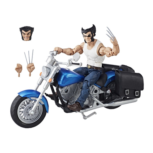 Marvel Legends Wolverine figure on motorcycle with premium articulation for action play.