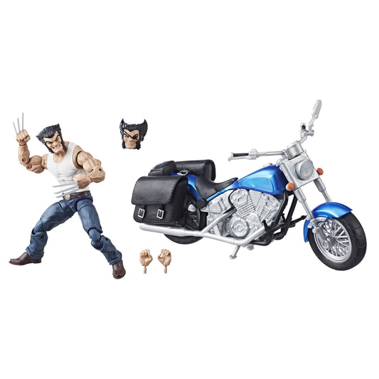 Marvel Legends Wolverine on motorcycle in a dynamic display-ready pose.