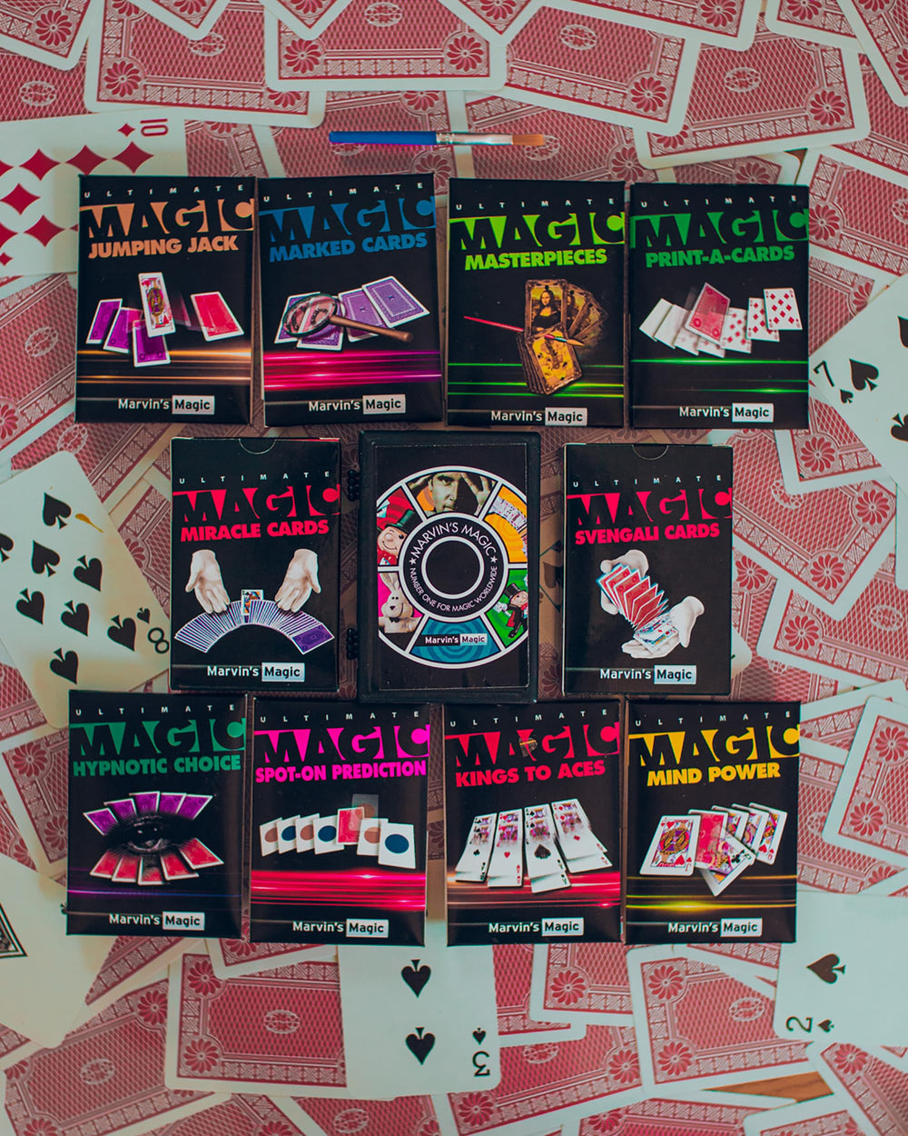 Marvin's Magic 250-card tricks display showcasing a deck and props for practice.