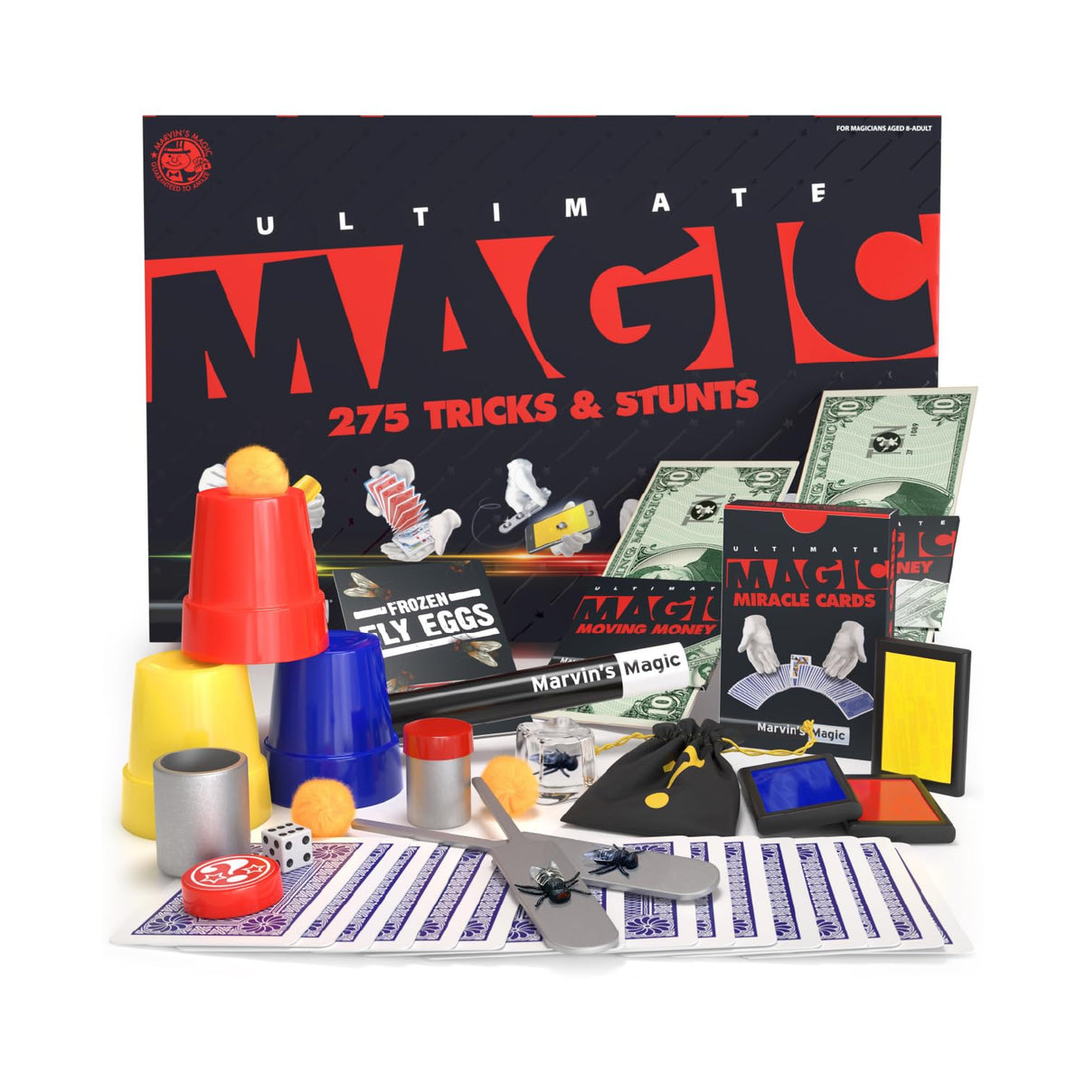 Marvin's Magic 275 tricks box cover showing colorful cards for exciting at-home performances.