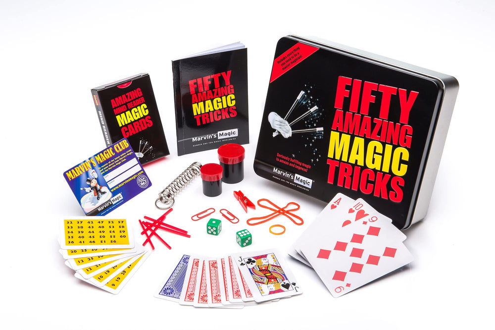 Marvin's Magic 50 Tricks gift tin showcases a versatile kid-friendly magic kit for parties.