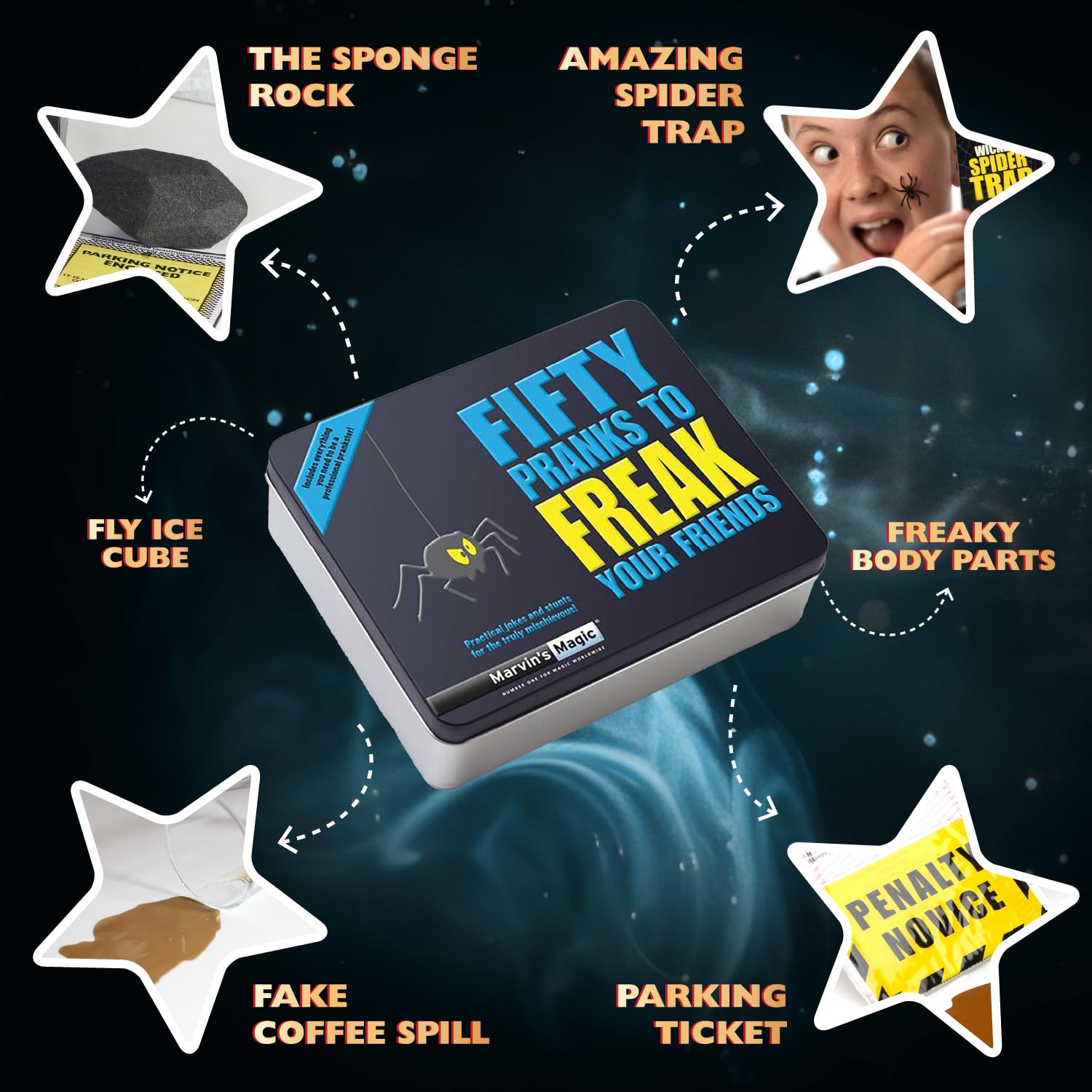 Marvin's Magic gift tin container showcasing all-in-one set for budding magicians.