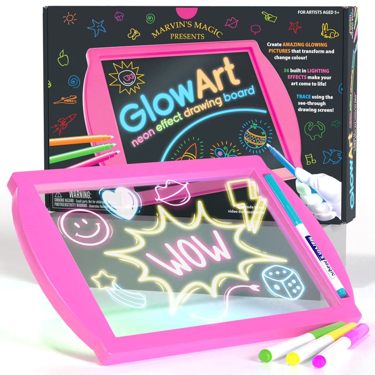Marvin's Magic Glow Art LED Doodle Board with glowing drawings in the dark.