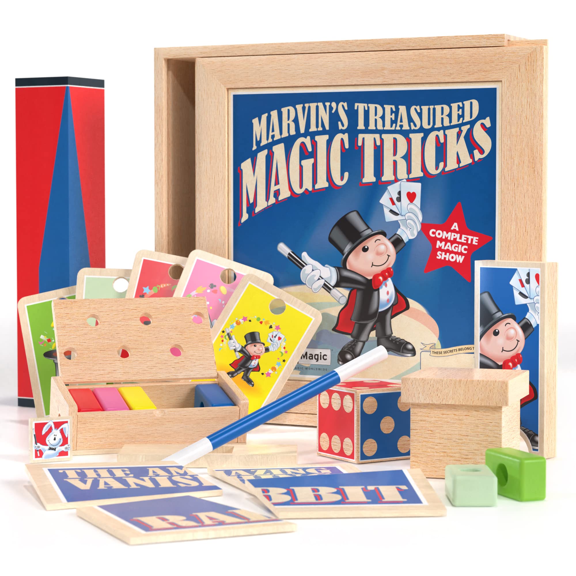 Marvin's Magic Treasured Tricks wooden box for organized kid-friendly storage.