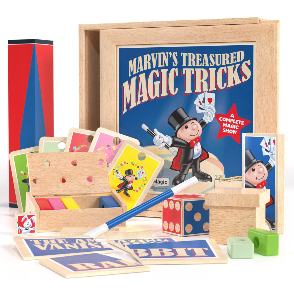 Marvin's Magic Treasured Tricks wooden box for organized kid-friendly storage.