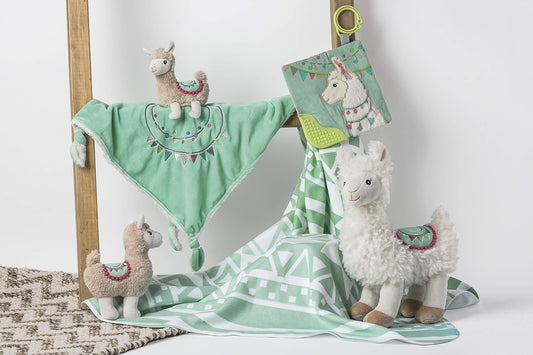 Mary Meyer Lily Llama back saddle detail highlights mint trim for nursery decor