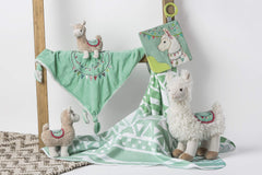 Mary Meyer Lily Llama back saddle detail highlights mint trim for nursery decor