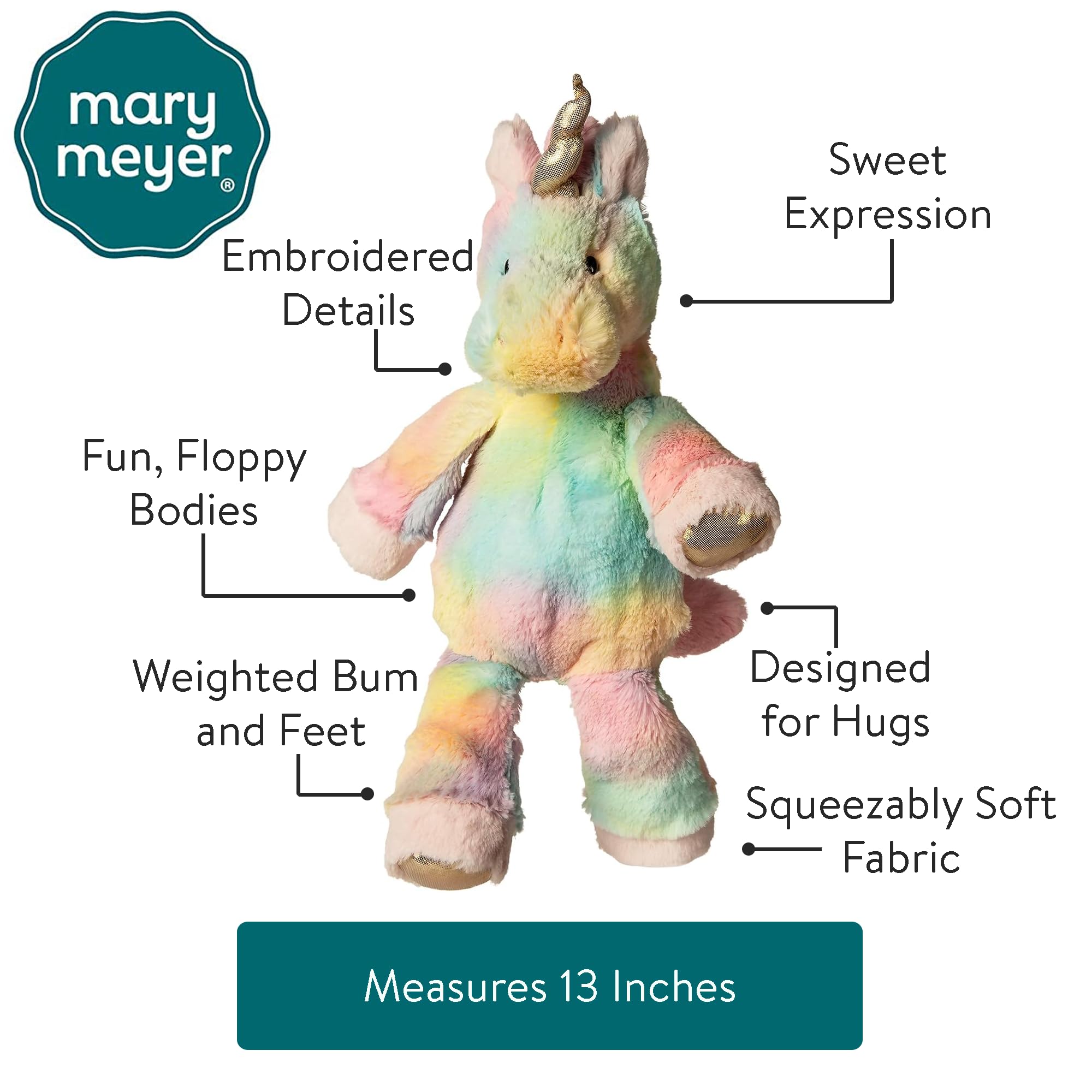 Mary Meyer Fro-Yo Unicorn plush side profile showing pastel rainbow fabric for cozy tea parties.