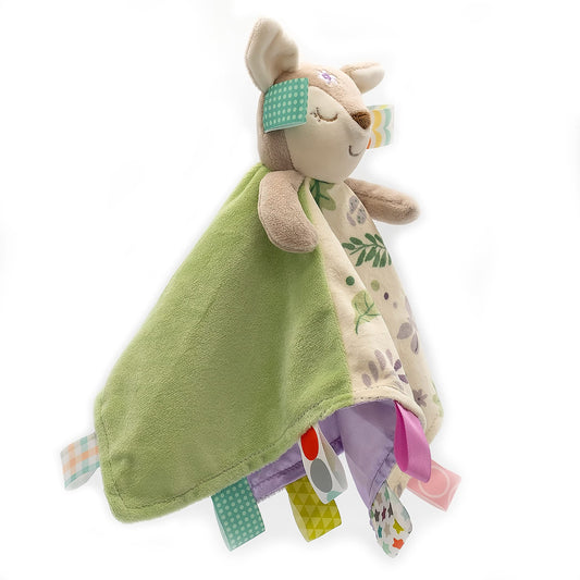 Flora Fawn blanket satin lining offers gentle tactile exploration.