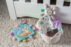 Purple and sage blanket pattern enhances cuddle appeal.