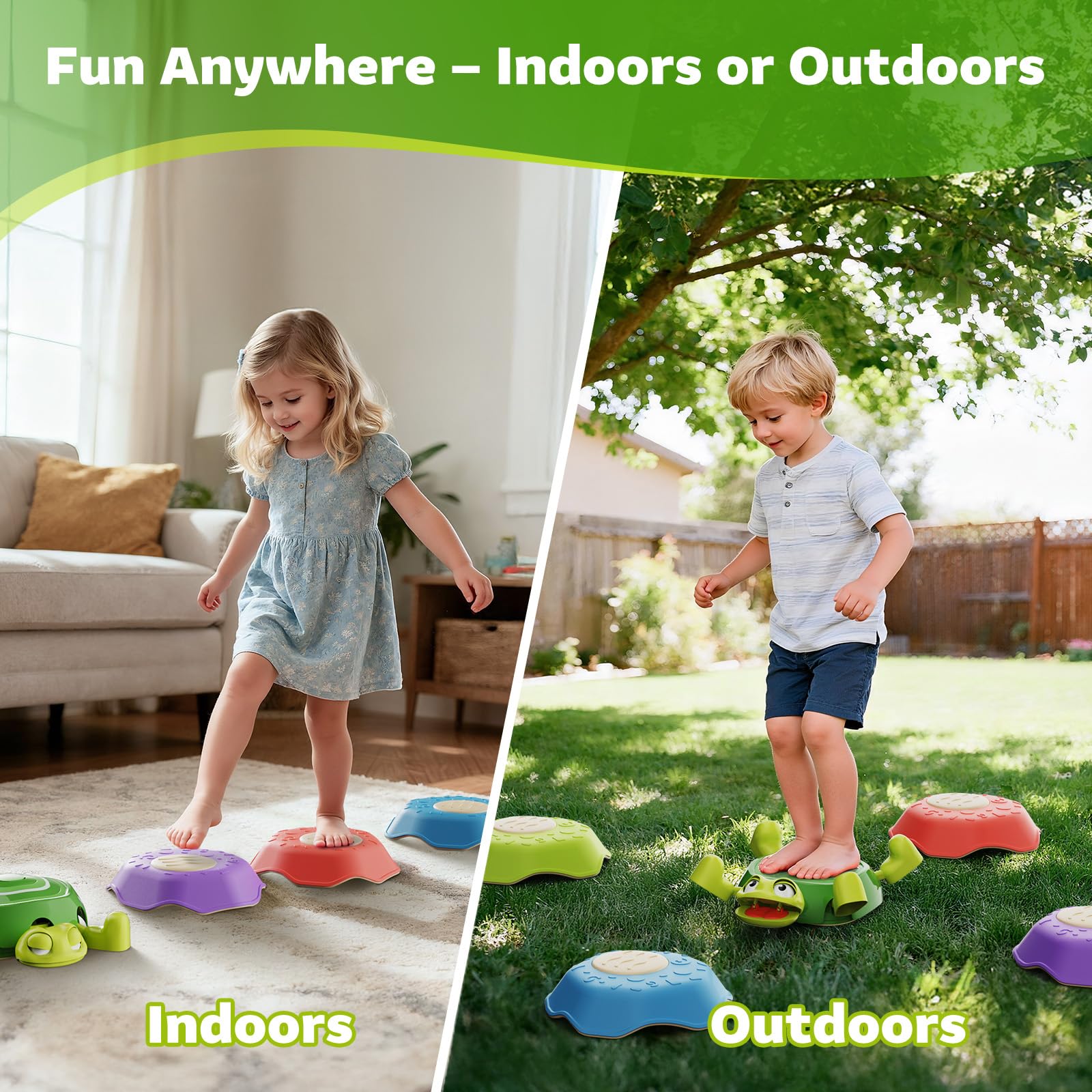 Masagotti stepping stones provide stable surfaces on wood or tile floors for safe play.