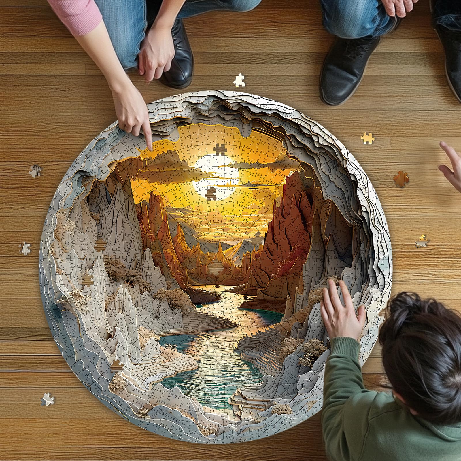 Masseruon finished 26.6 inch puzzle reveals a dramatic sunset canyon scene.