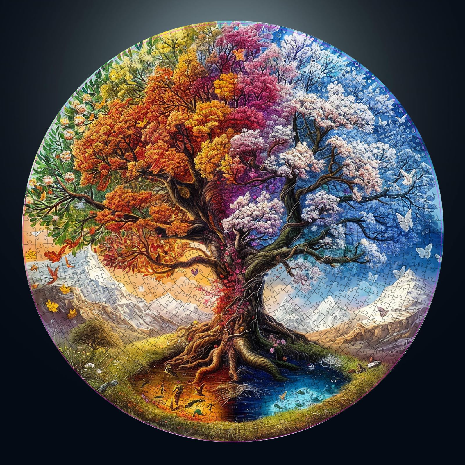 Massersuon round puzzle tree of life 1000 pieces on table, engaging night activity.