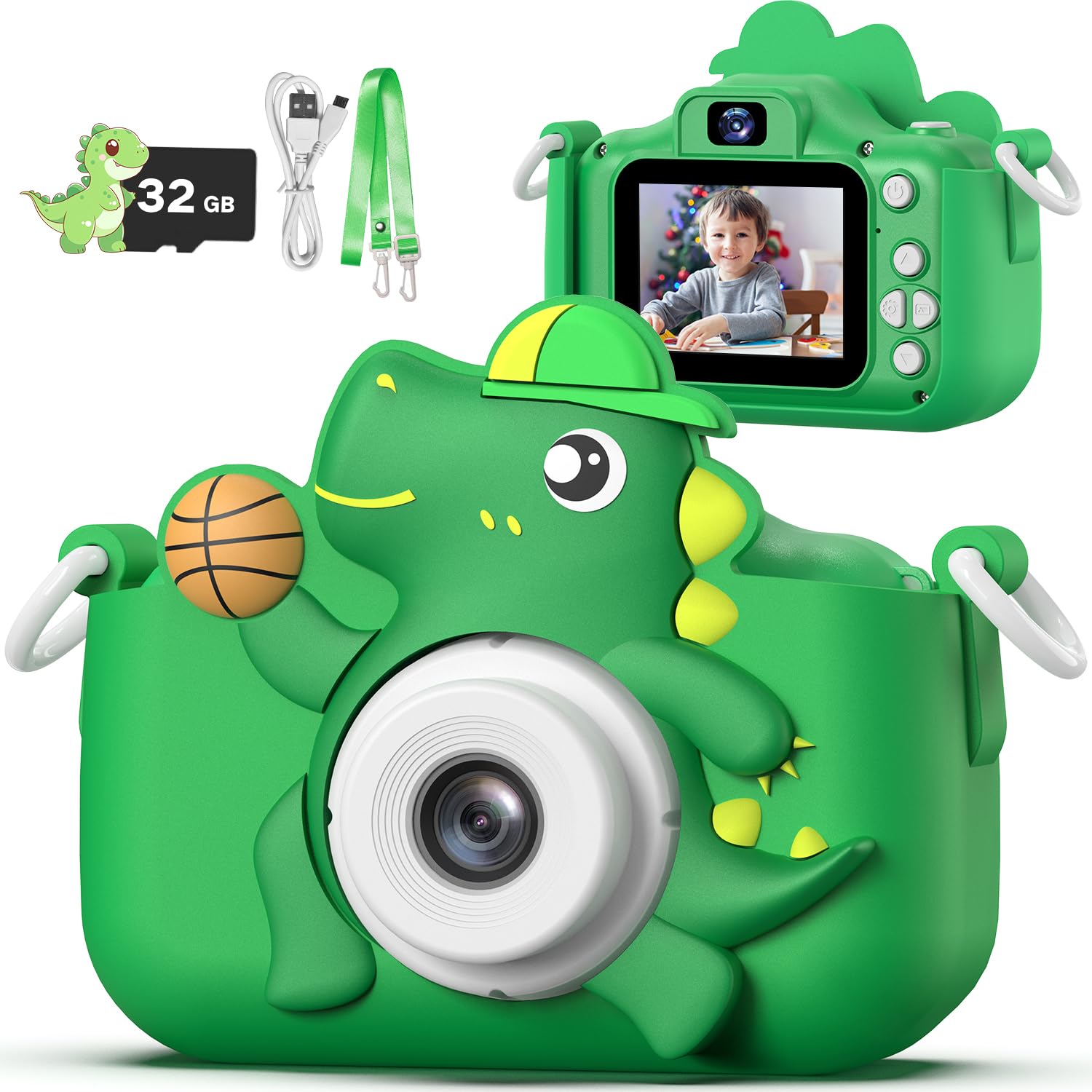 Masterbee kids camera with dinosaur design front view showing playful, kid-friendly appeal.