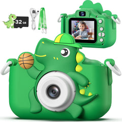 Masterbee kids camera with dinosaur design front view showing playful, kid-friendly appeal.