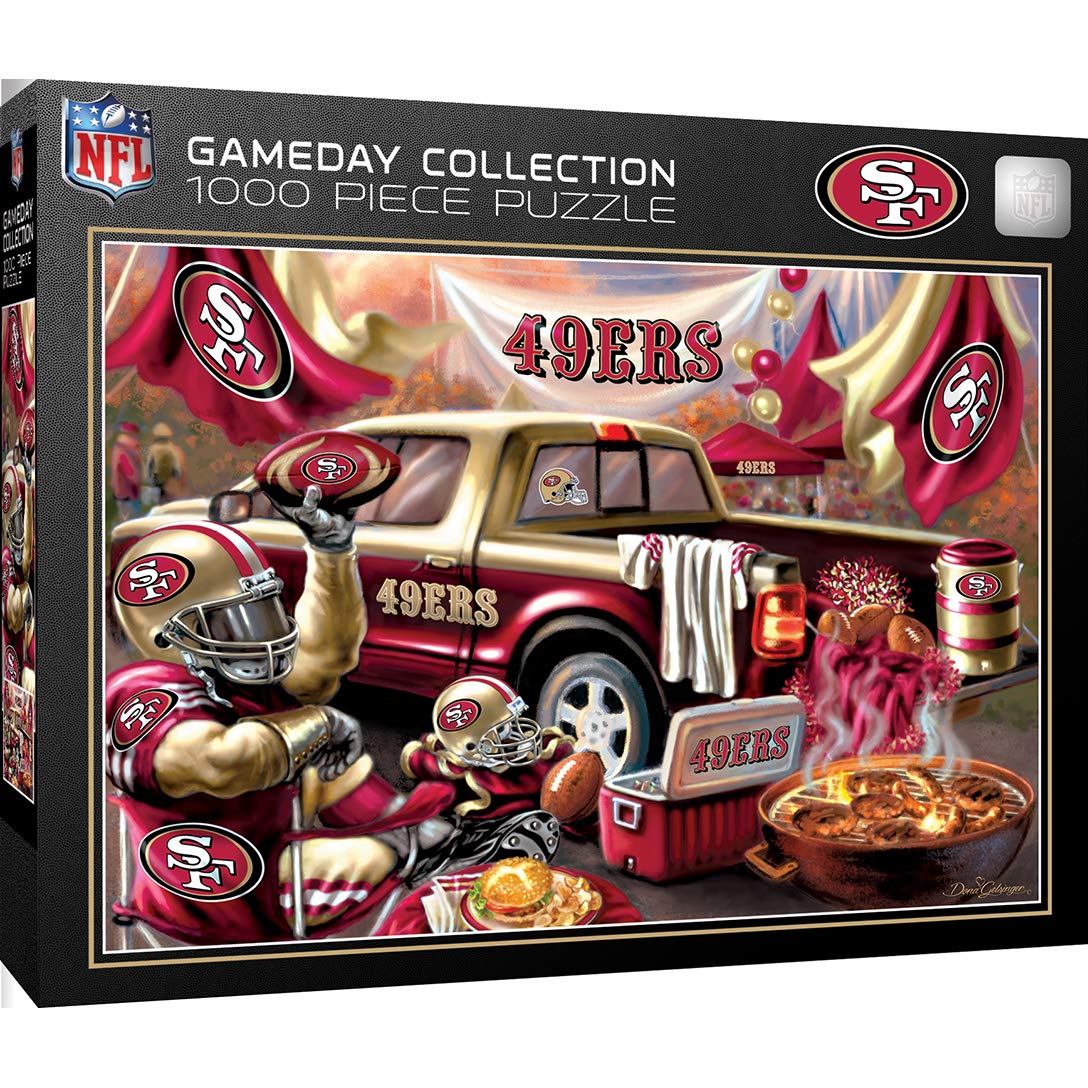 MasterPieces 49ers puzzle front cover shows team imagery, ideal for fan collectibility and focus