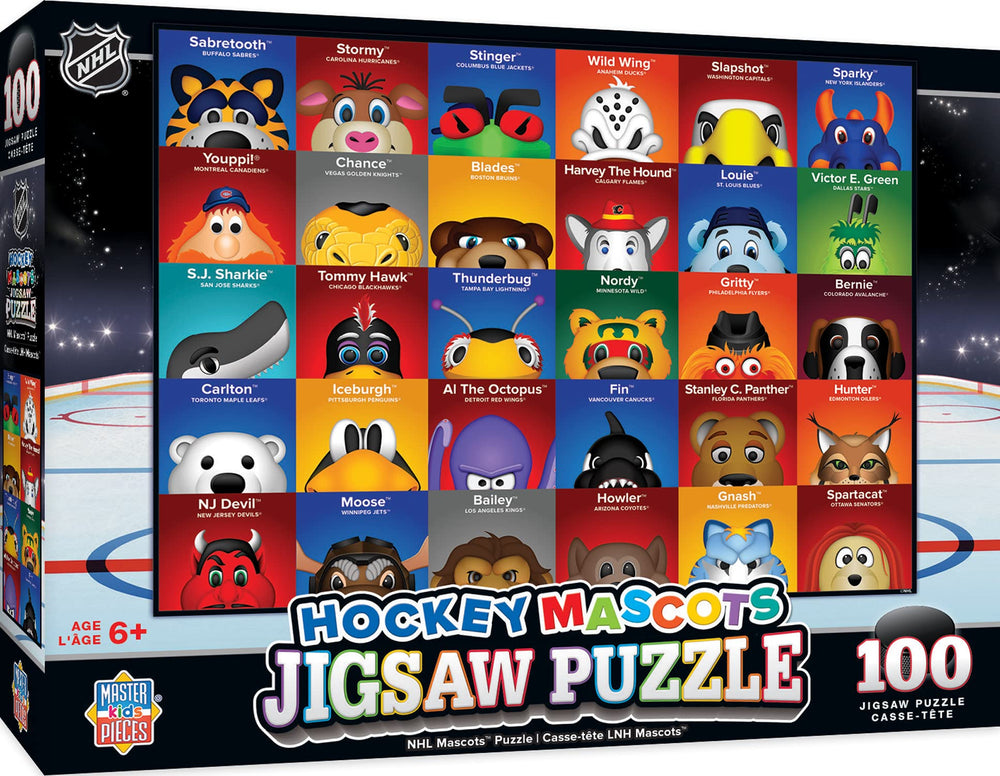 MasterPieces 100pc NHL Mascots puzzle art, vibrant mascot images to captivate kids