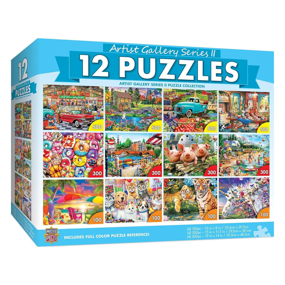MasterPieces 12-pack landscape puzzles with 100pc pieces for quick family challenges