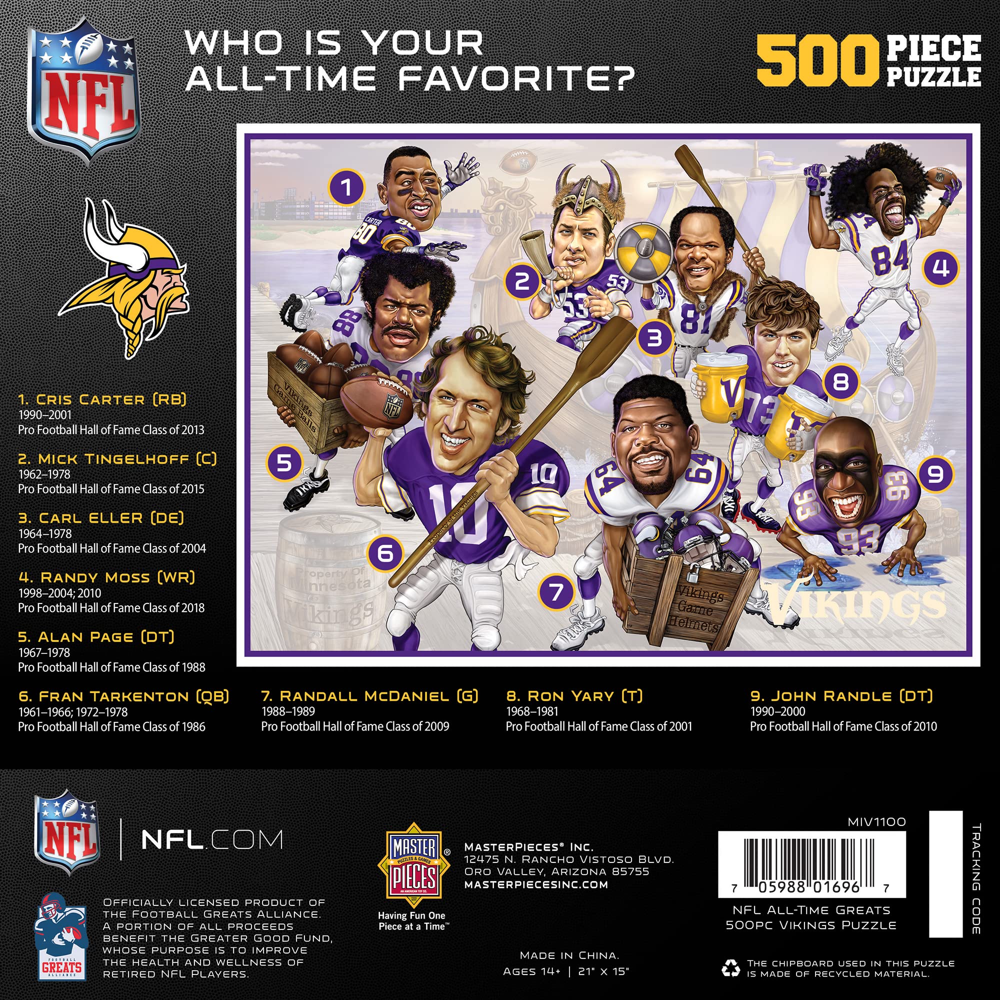MasterPieces Vikings caricatures puzzle, bold colors for engaging solo or group play.