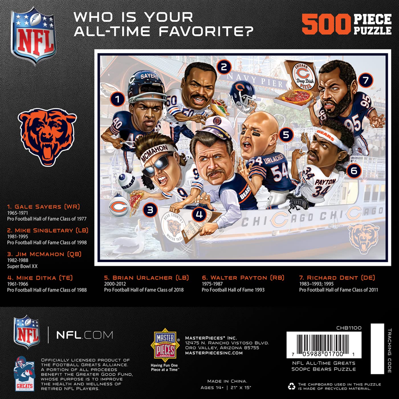 Masterpieces Chicago Bears bold colors puzzle with high-contrast graphics, engaging solving
