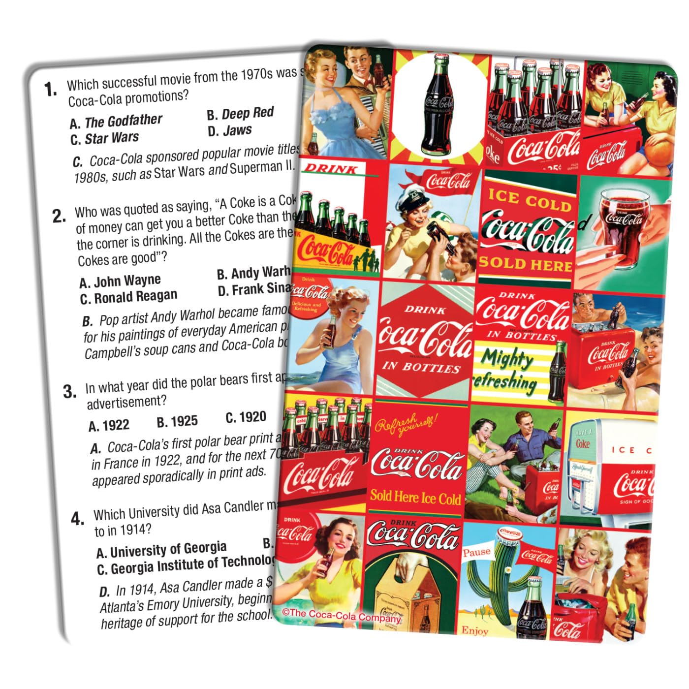 MasterPieces Coca-Cola trivia cards laid out for a quick, engaging Coke facts session.