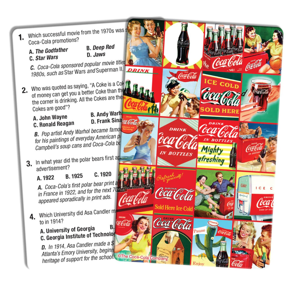 MasterPieces Coca-Cola trivia cards laid out for a quick, engaging Coke facts session.