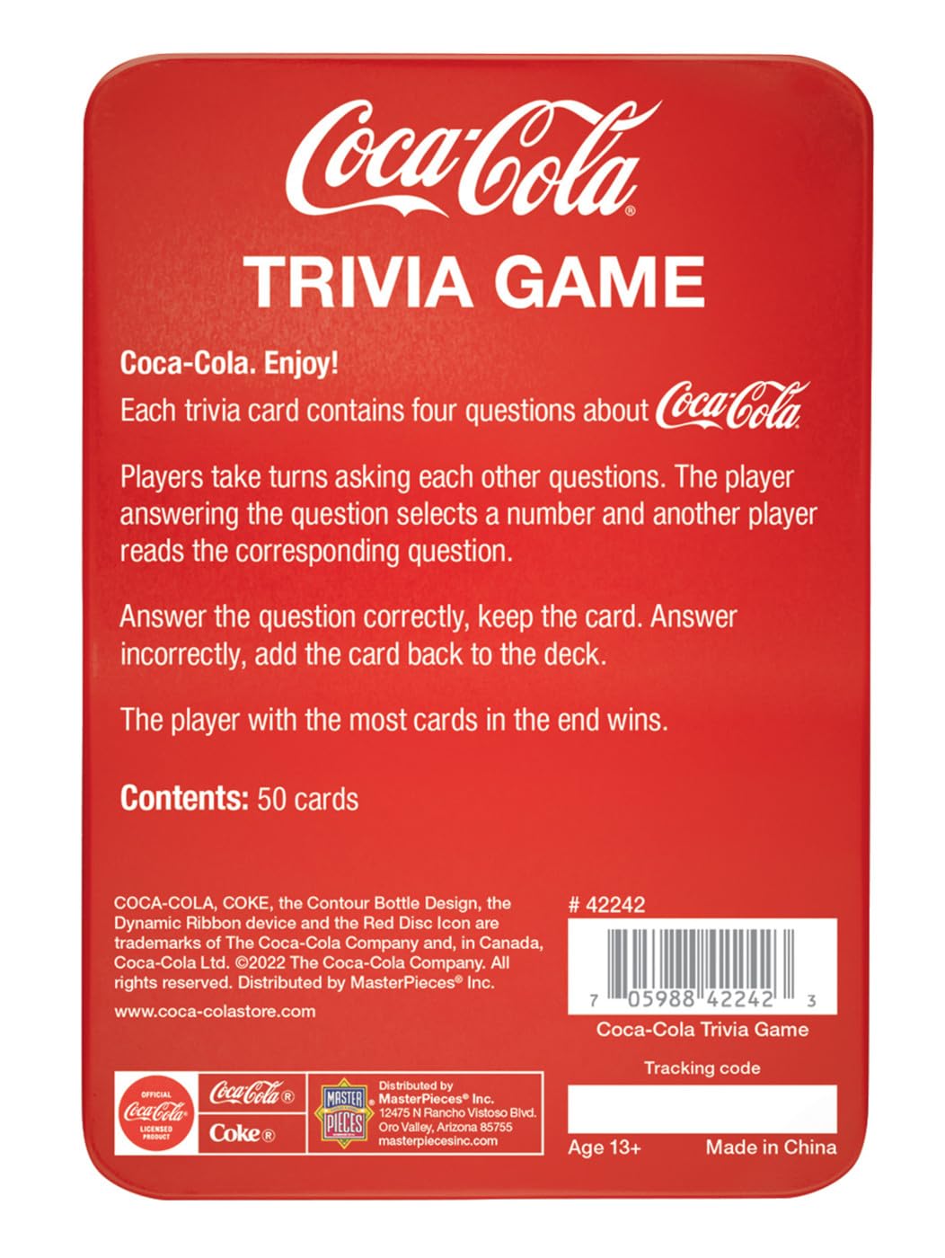 MasterPieces Coca-Cola trivia play area at a family table for a lively game night.