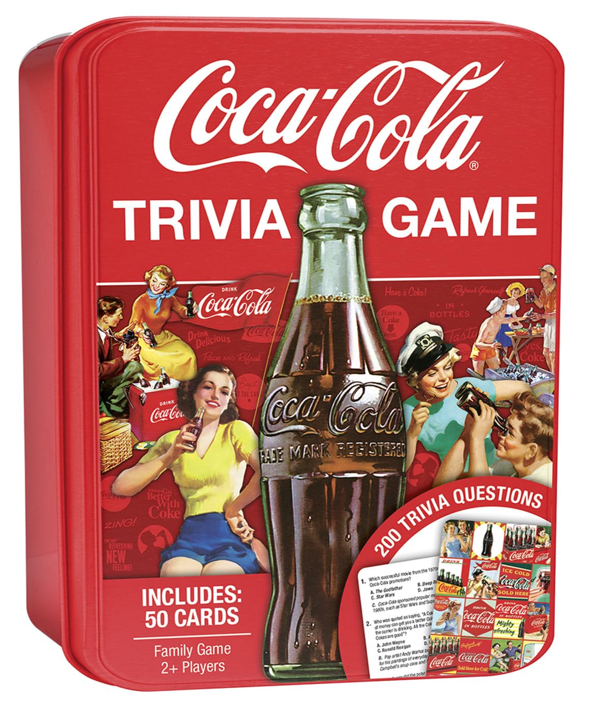 MasterPieces Coca-Cola trivia tin displayed for collectible display and safe storage.