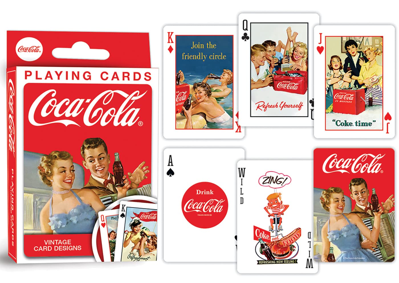 MasterPieces Coca-Cola two-pack deck back design showcasing vintage graphics for nostalgia.