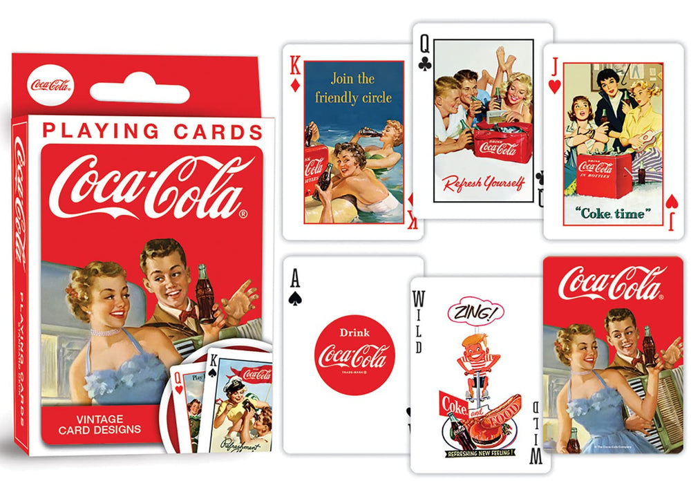MasterPieces Coca-Cola two-pack deck back design showcasing vintage graphics for nostalgia.