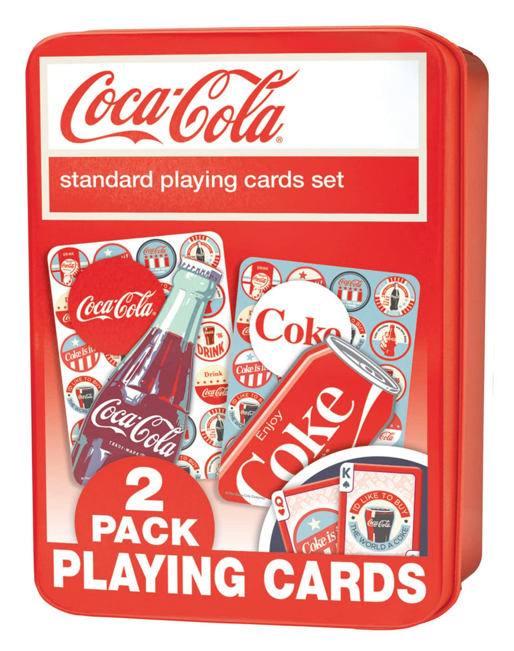 MasterPieces Coca-Cola two-pack tin front with retro art for collectible appeal.