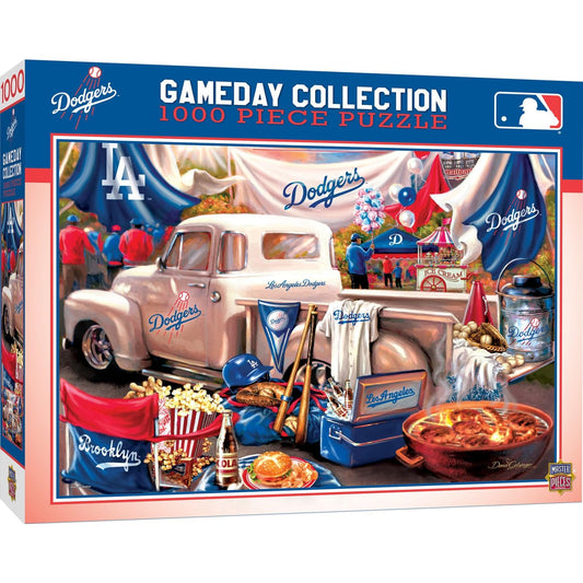 MasterPieces Dodgers Gameday puzzle highlights bold team colors for engaging family entertainment.