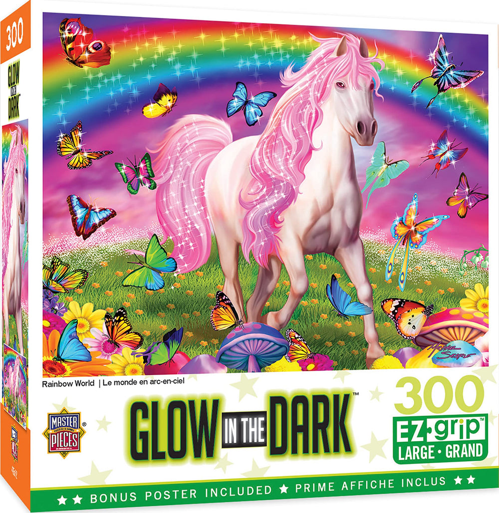 MasterPieces EZ Grip glow-in-the-dark Rainbow World puzzle pieces glow after dark for family fun.