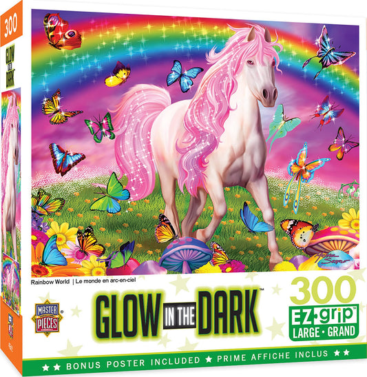 MasterPieces EZ Grip glow-in-the-dark Rainbow World puzzle pieces glow after dark for family fun.