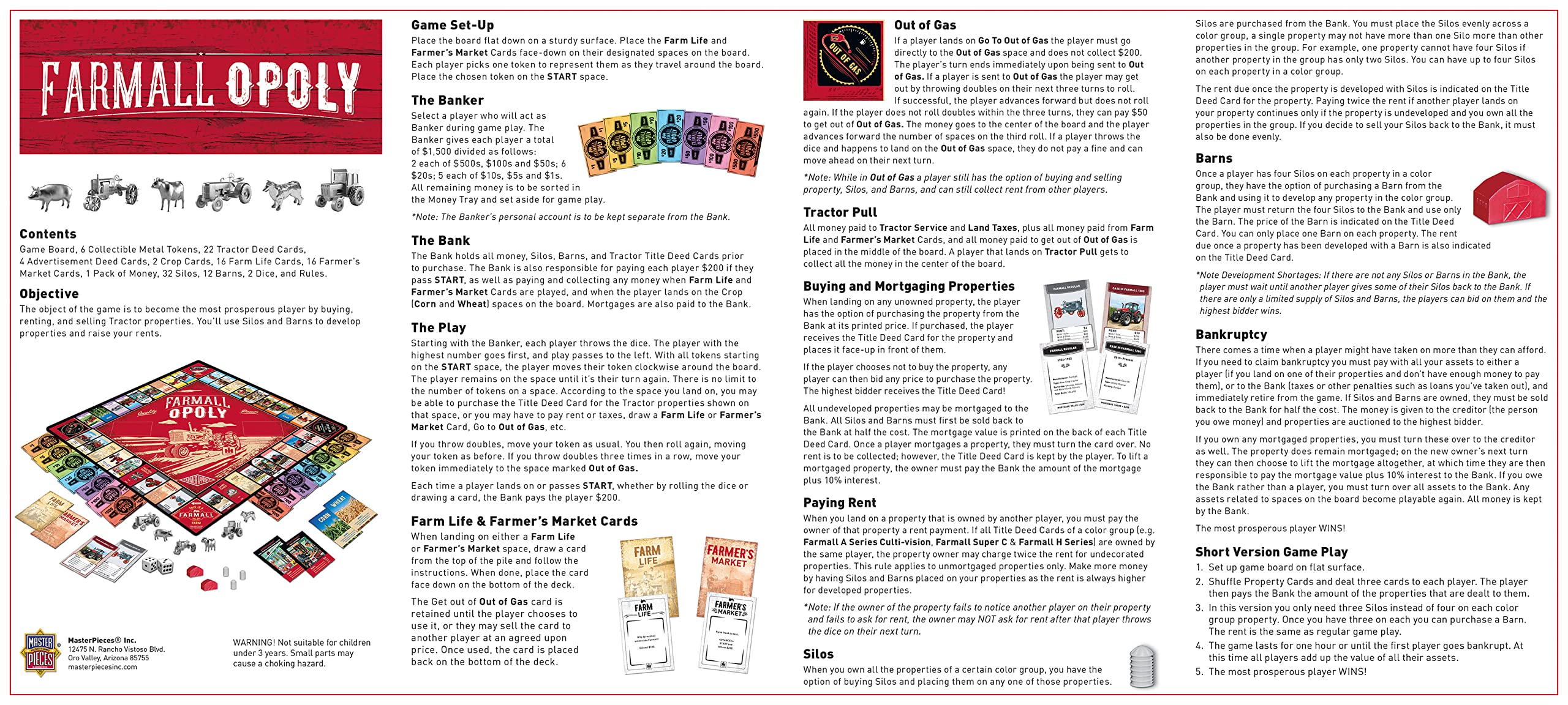 MasterPieces Farmall Opoly dice and money set to support Monopoly-style play.
