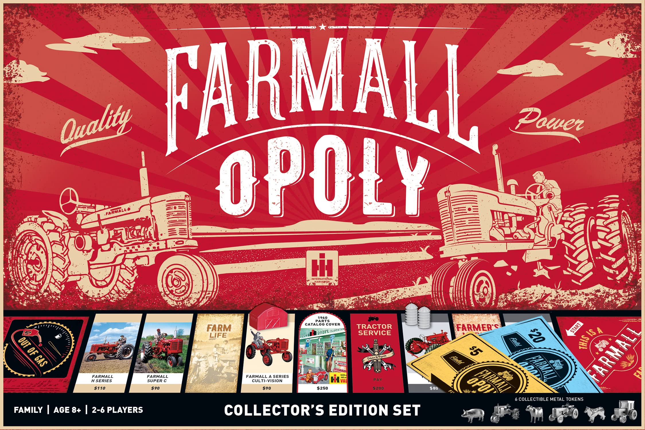 MasterPieces Farmall Opoly property cards featuring tractor models for quick learning.