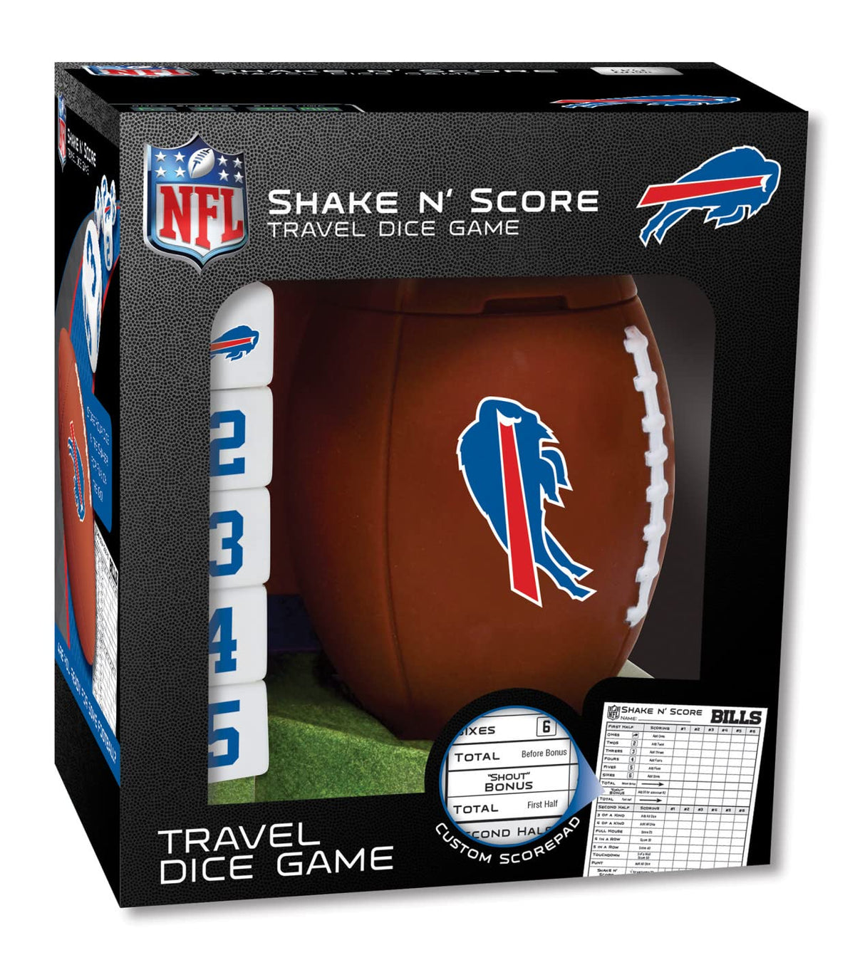MasterPieces Game Day Buffalo Bills dice-cup and five dice for on-the-go fun.