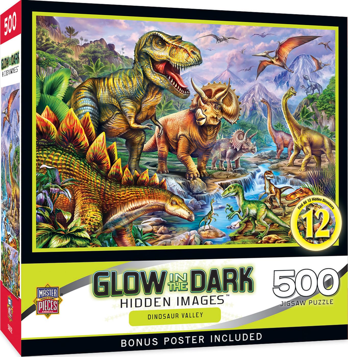 MasterPieces glow-in-the-dark dinosaur valley puzzle reveals hidden elements at night
