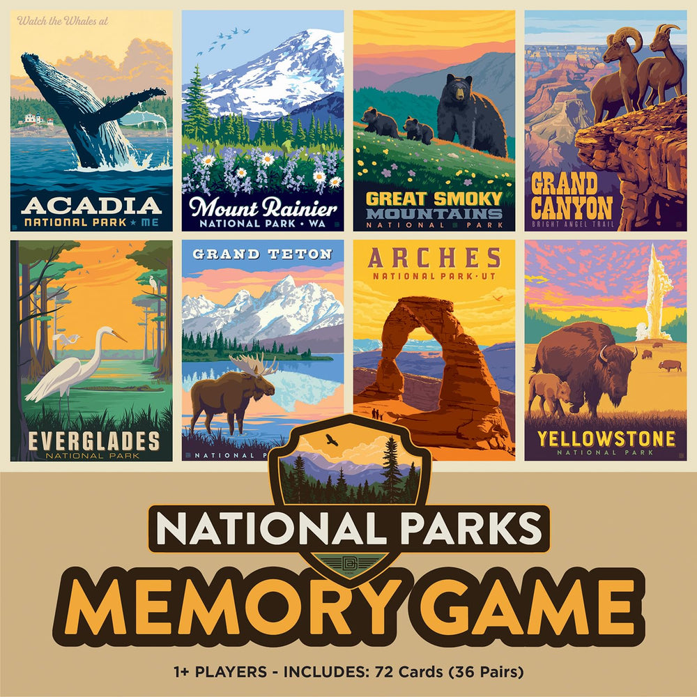 Masterpieces National Parks Memory Game cover with iconic park art for family-friendly cognitive play