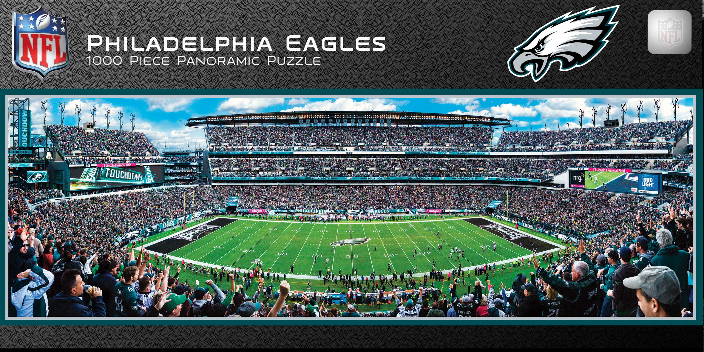 Masterpieces 1000-piece Eagles puzzle, eco-friendly inks and recycled materials.