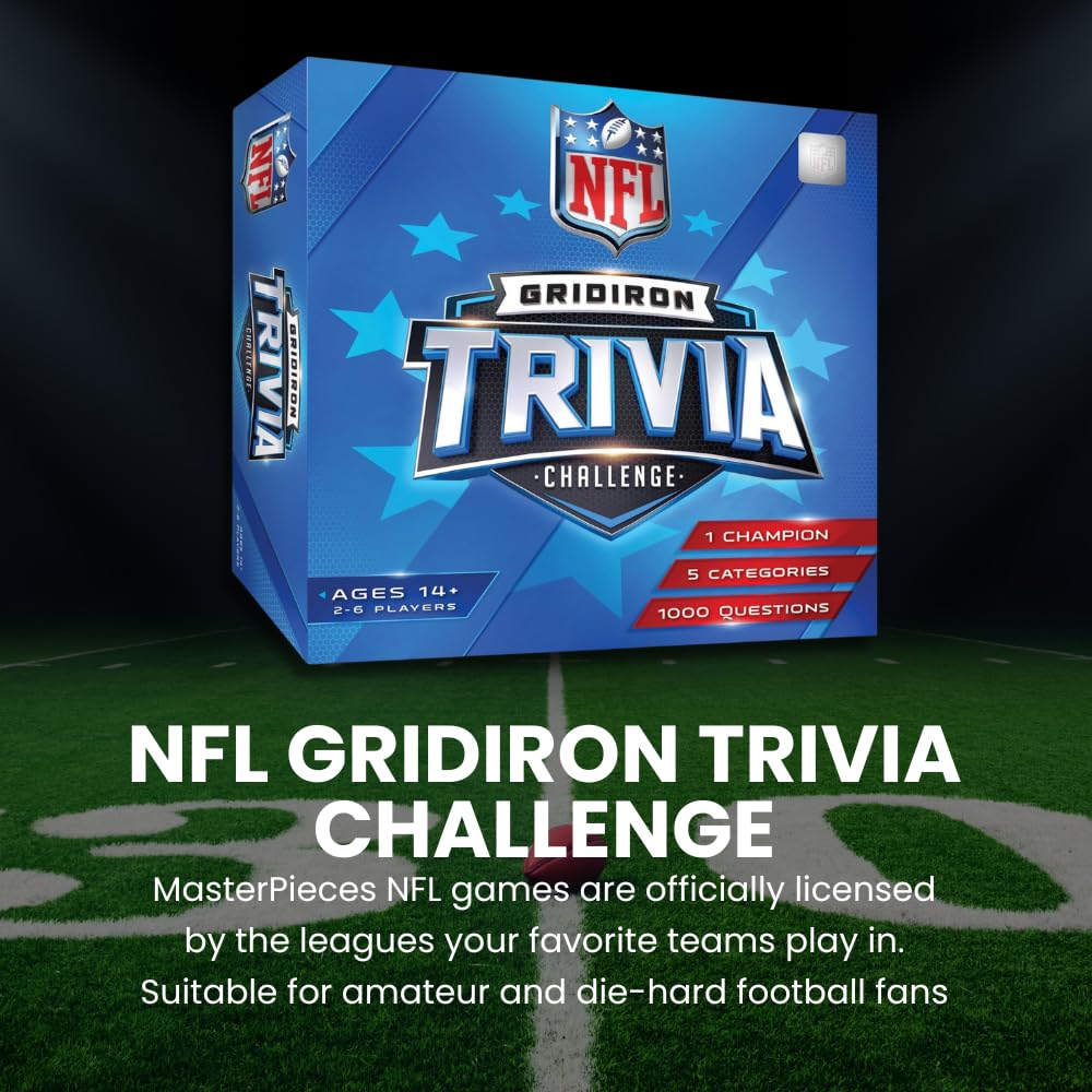 Masterpieces NFL Gridiron Trivia card deck with 200 questions fuels lively rounds.
