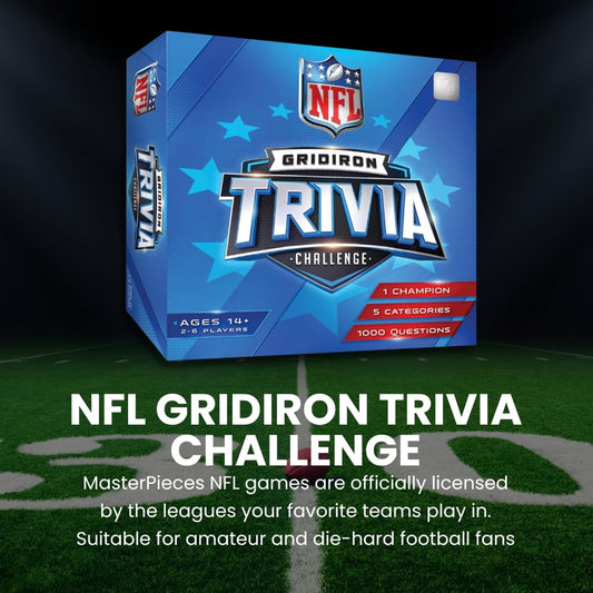 Masterpieces NFL Gridiron Trivia card deck with 200 questions fuels lively rounds.