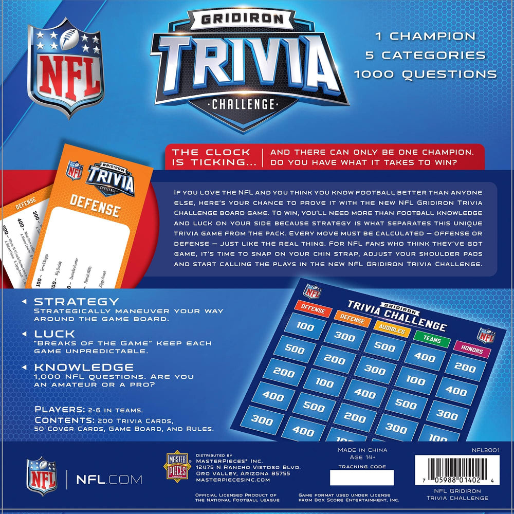 Masterpieces NFL Gridiron Trivia durable game board withstands hours of play.
