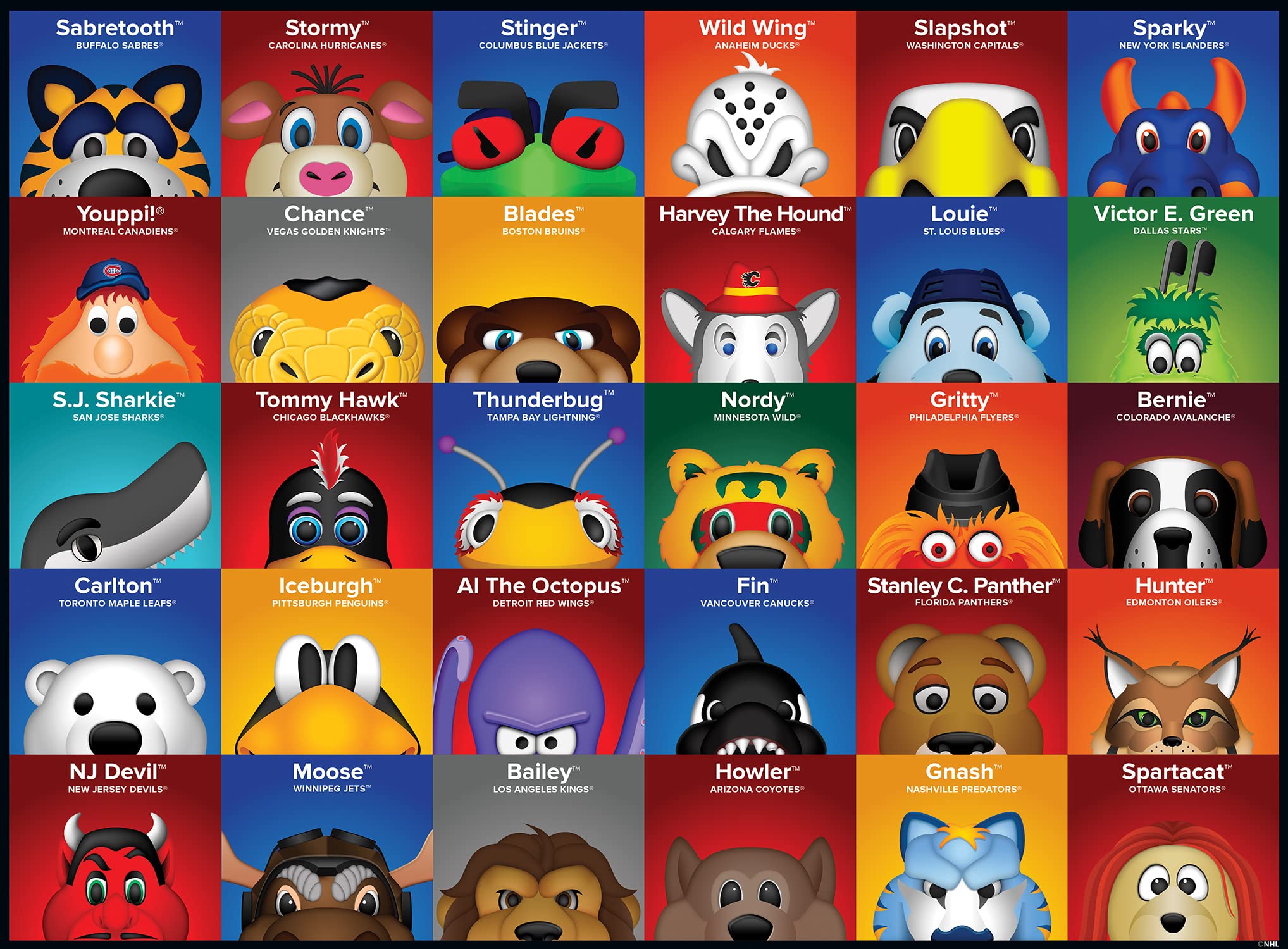 MasterPieces NHL Mascots puzzle box, shown with pieces for easy storage on the go