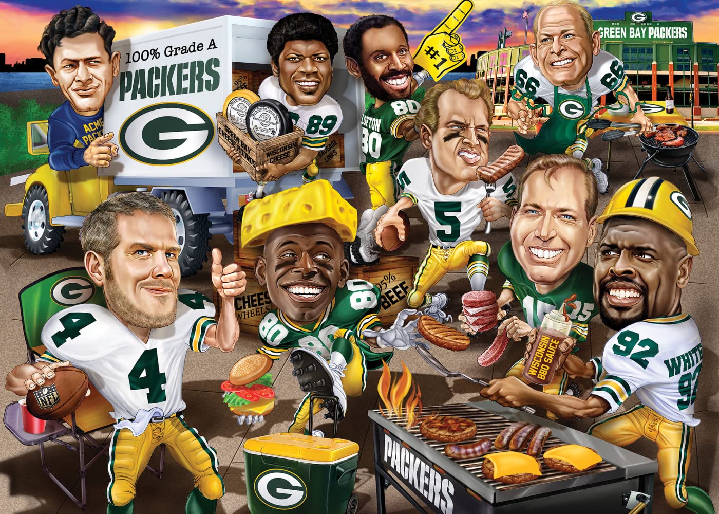 MasterPieces Packers caricature art puzzle with bold colors for group play.