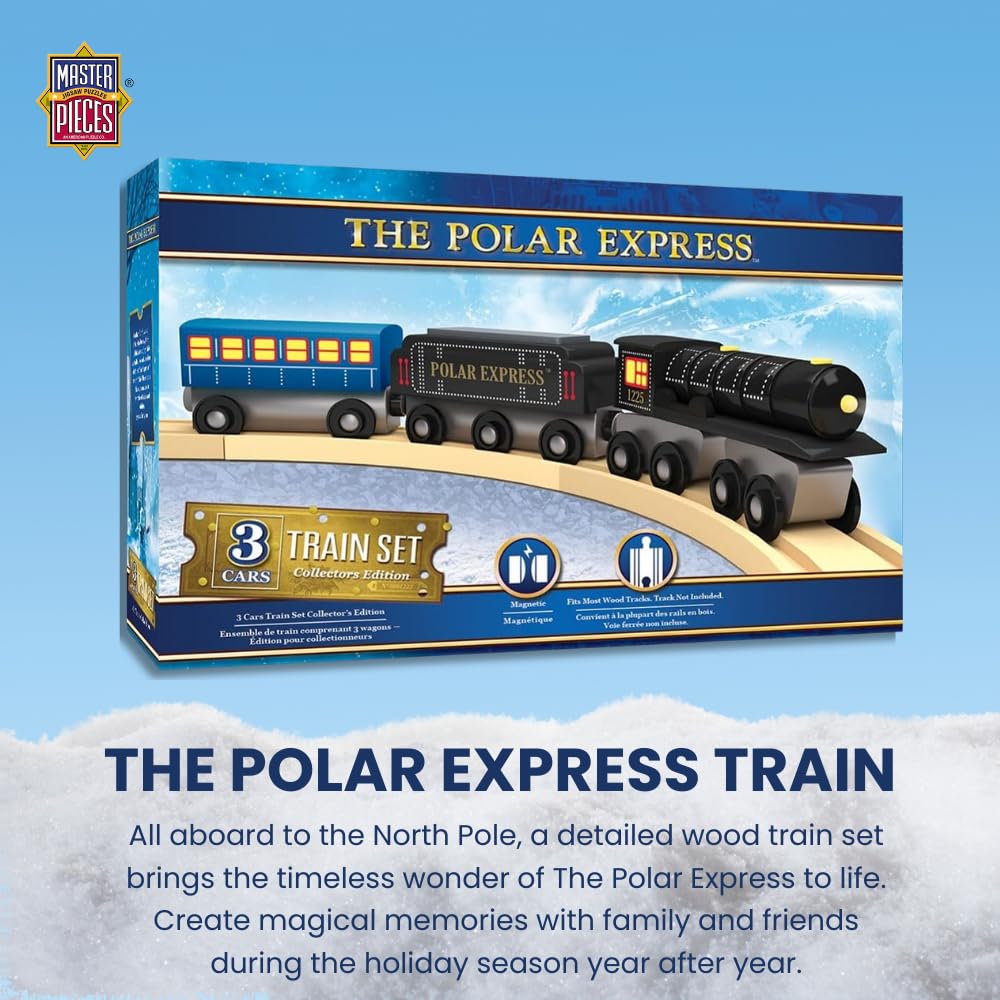 MasterPieces Polar Express hopper car shows magnetic link for quick, secure setup.