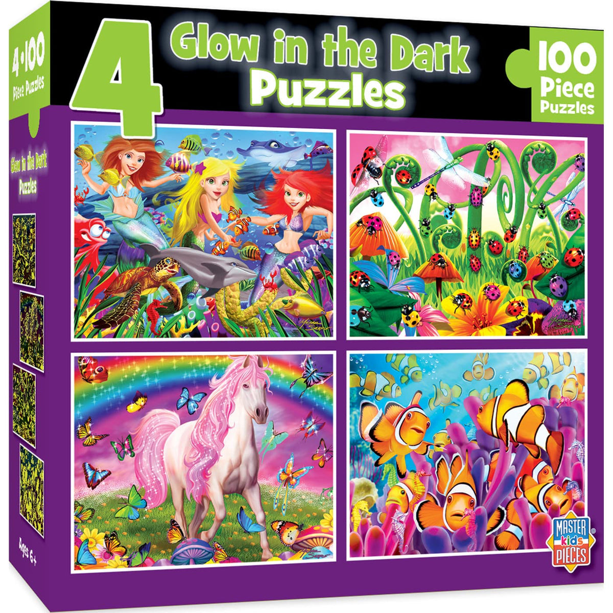 MasterPieces puzzle set for kids 6+, four 100-piece designs; promotes problem-solving through hands-on play.