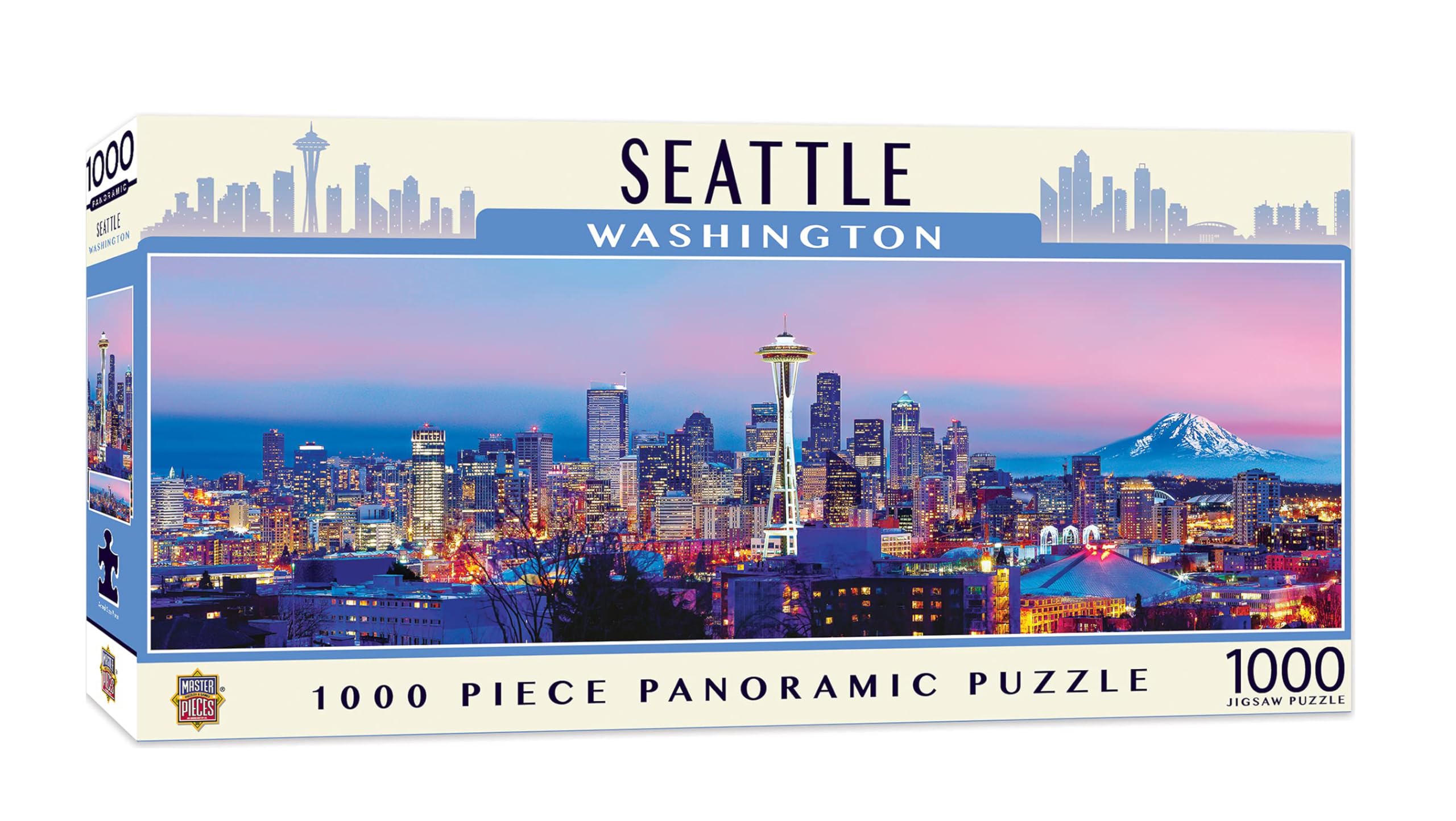 MasterPieces Seattle panoramic 1000-piece puzzle—Space Needle skyline for family or solo challenge.