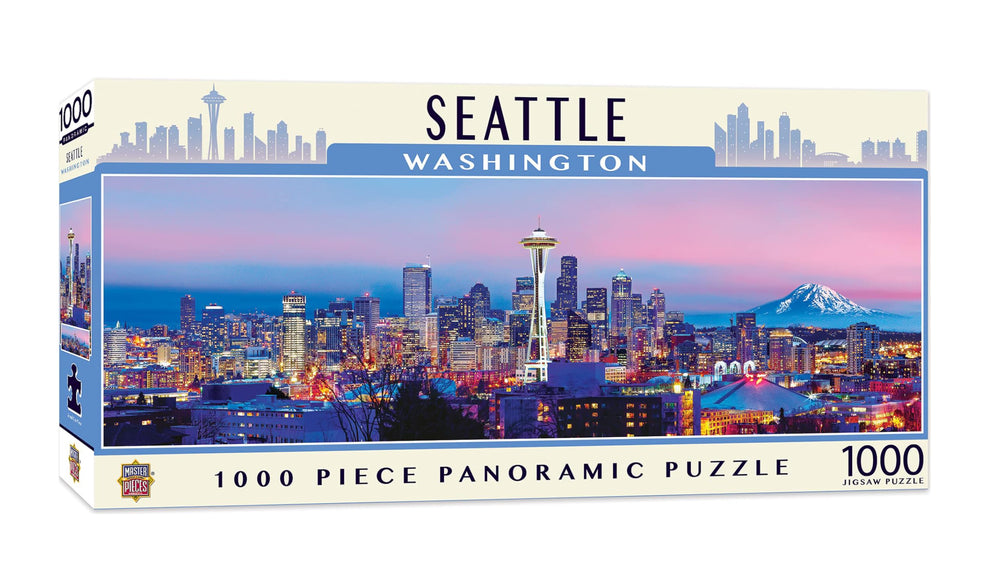 MasterPieces Seattle panoramic 1000-piece puzzle—Space Needle skyline for family or solo challenge.